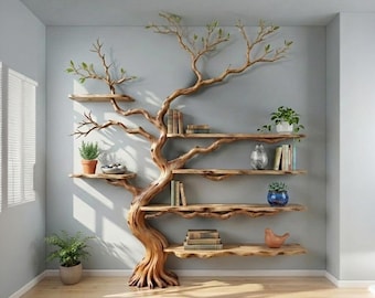 Tree branch floor bookshelf decor unique wood live edge floating shelf art free shipping