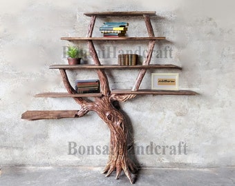 Baum-Bücherregal, Massivholz-Bücherregal, modernes Wandregal aus Holz, schwebende Holzregale