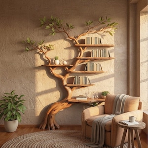 Puede incluir: Una estantería única en forma de árbol hecha de madera, montada en una pared beige texturizada. Los estantes contienen libros y objetos decorativos. Un sillón acogedor, una pequeña mesa auxiliar y una planta en maceta completan el rincón de lectura. Las estanterías son en cm.
