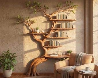 May include: A unique, tree-shaped bookshelf made of wood, mounted on a textured beige wall. The shelves hold books and decorative items. A cozy armchair, a small side table, and a potted plant complete the inviting reading nook.