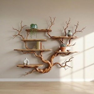 Op de afbeelding: Een uniek, houten wandrek in de vorm van een boom met meerdere plateaus. De planken zijn gemaakt van lichtgekleurd hout en zijn bevestigd aan een centrale, boomachtige structuur. Kleine planten, boeken en decoratieve items sieren de planken en creëren een natuurlijke, artistieke presentatie.