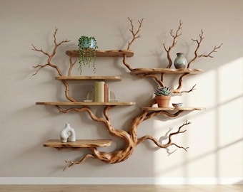 Tree branch unique wall mount bookshelf art floating shelf solid wood shelves handmade bookcase