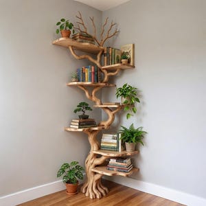 Op de afbeelding: Een kamerhoog hoekboekenplank gemaakt van lichtgekleurd hout, ontworpen om op een boom te lijken met een dikke stamvoet en meerdere vertakkende planken. De planken bevatten diverse boeken met harde kaft, groene kamerplanten en een bonsaiboom.