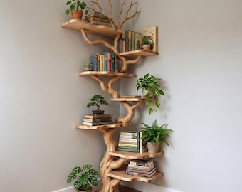 Eckregal aus einem Ast, freistehendes Bücherregal aus Treibholz, rustikale Holzregale, Zimmerdekoration