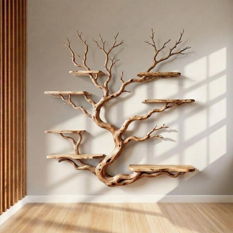 May include: A unique, wall-mounted wooden shelf in the shape of a tree. The tree-shaped shelf has multiple flat, rectangular shelves extending from the branches. The wood has a natural, light brown color, and the design adds a rustic, artistic touch to any room.