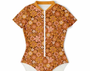 Groovy Garden - Short Sleeves Bodysuit | Retro 70s Hippie Floral One-Piece Swimming Suit | Surfing Suit Rashguard, Body, Beach/Pool Wear