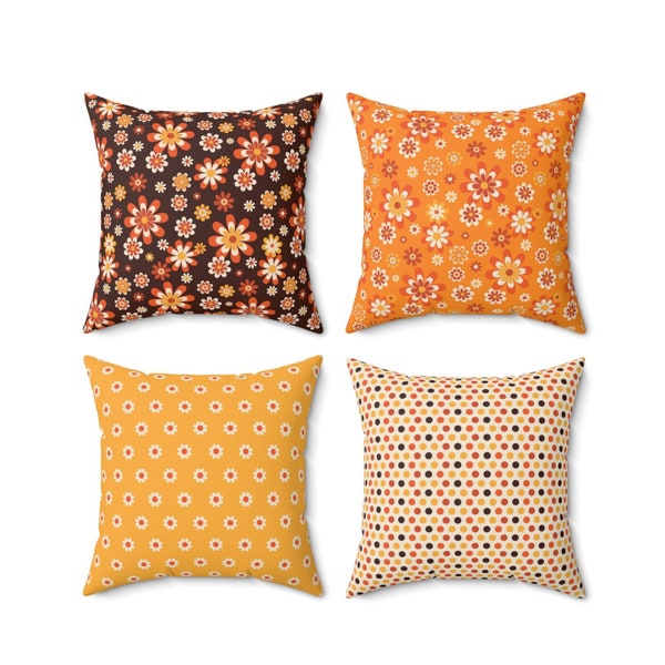 Floral Groove - Set of 4 Pillows | Faux Suede Throw | Retro Floral 60s 70s Hippie Sofa Cushion | MCM, brown, orange, yellow living room