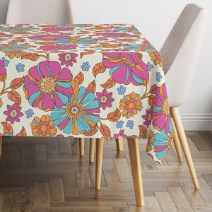 Bright Sunflower - 100% Cotton Tablecloth | Retro aesthetics, 1950s, 1960s, 1970s, MCM hippie psychedelic, floral kitchen accessories/decor