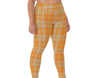 Groovy Plaid Yoga Leggings  | Retro 1960s-1970s Hippie Vintage-Inspired High Waist Leggings |  Unique yellow plaid printed leggings