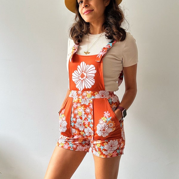 Mellow Fields - Short Overalls for Women with Pockets | Retro 1960s-1970s Hippie Vintage-Inspired jumpsuit | Plus size adult romper - XS-5XL