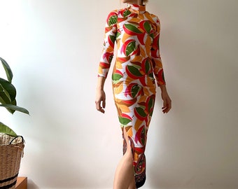 Retro Paisley - Turtleneck Maxi Dress | Retro 1960s-1970s Hippie Vintage-Inspired Turtleneck | Cotton Bodycon Split Leg Dress Sizes XS-5XL