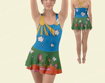 Bright Sunrise Swimsuit Dress | Retro 1950s-1960s-1970s Hippie Vintage-Inspired One Piece Swim  | Colorful Plus Size Dress Swimwear XS-5XL