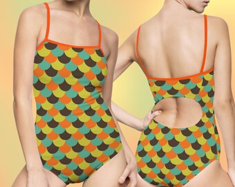 Retro Mermaid Swimsuit | 1950s-1960s-1970s Hippie vintage-inspired one-piece swim wear | Adult women's beach wear | Colorful bathing suit