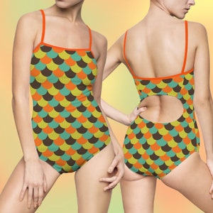 Retro Mermaid Swimsuit | 1950s-1960s-1970s Hippie vintage-inspired one-piece swim wear | Adult women&#39;s beach wear | Colorful bathing suit