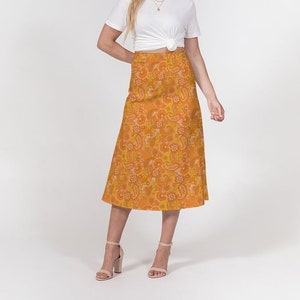 Orange Paisley - Midi Skirt | Retro 1960s-1970s Hippie Vintage-Inspired Floral A-Line Skirt | 60s Mod MCM Midcentury Flared Midi Skirt