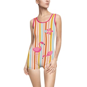 Stripy Flamingos - Women&#39;s Shorts Swimsuit | 1950s-1960s-1970s Vintage-Inspired One Piece Swimsuit | Retro bodysuit, 70s beach/pool wear