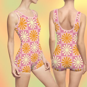 Sunny Tiles - Women&#39;s Shorts Swimsuit | 1950s-1960s-1970s Vintage-inspired one piece swimsuit | Retro festival bodysuit, 70s beach/pool wear
