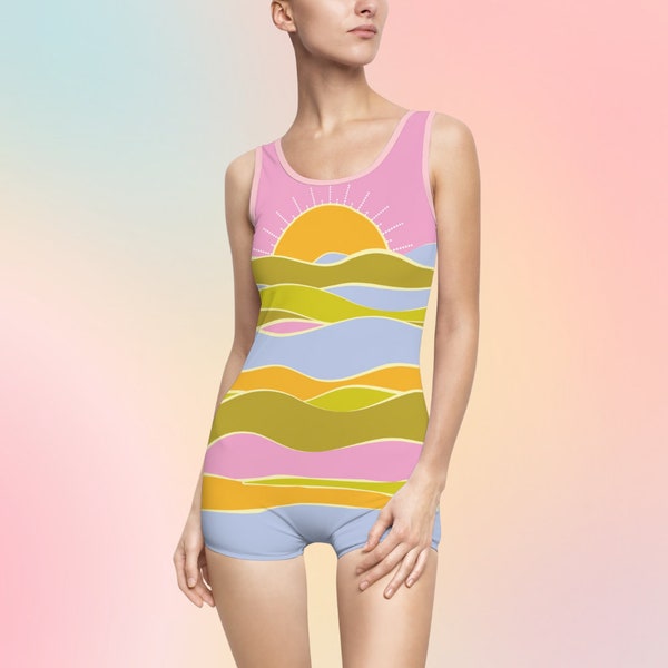 Good Morning - Womens Shorts Swimsuit | 1950s-1960s-1970s Vintage-inspired one piece swimsuit | Retro festival bodysuit, 70s beach/pool wear