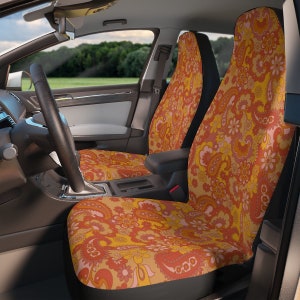 Very Paisley - Car Seat Covers | Groovy Retro 1960s-1970s Hippie Car Accessories | Boho Orange Paisley Girls/Women Seat Covers for Vehicles