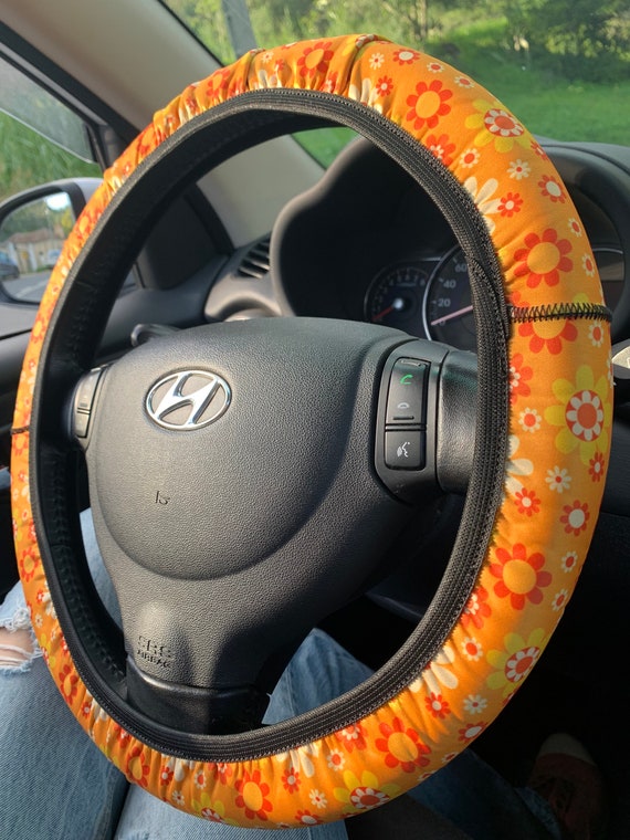 Wildflower Fields Steering Wheel Cover Modern, Retro 70s Hippie Car  Accessories Yellow Orange Cute Floral Car Wheel Cover for Women 