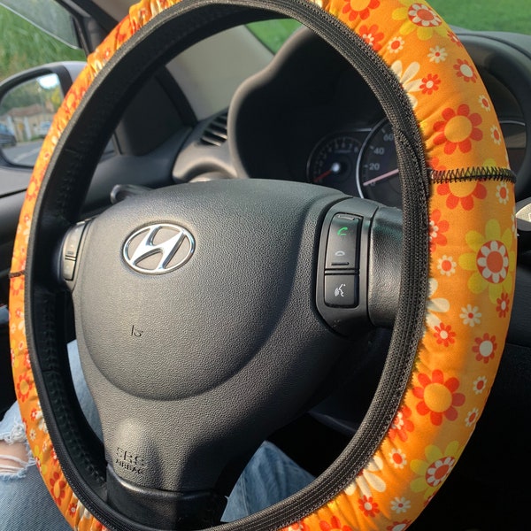 Wildflower Fields - Steering Wheel Cover | Modern, Retro 70s Hippie Car Accessories | Yellow Orange Cute Floral Car Wheel Cover for Women
