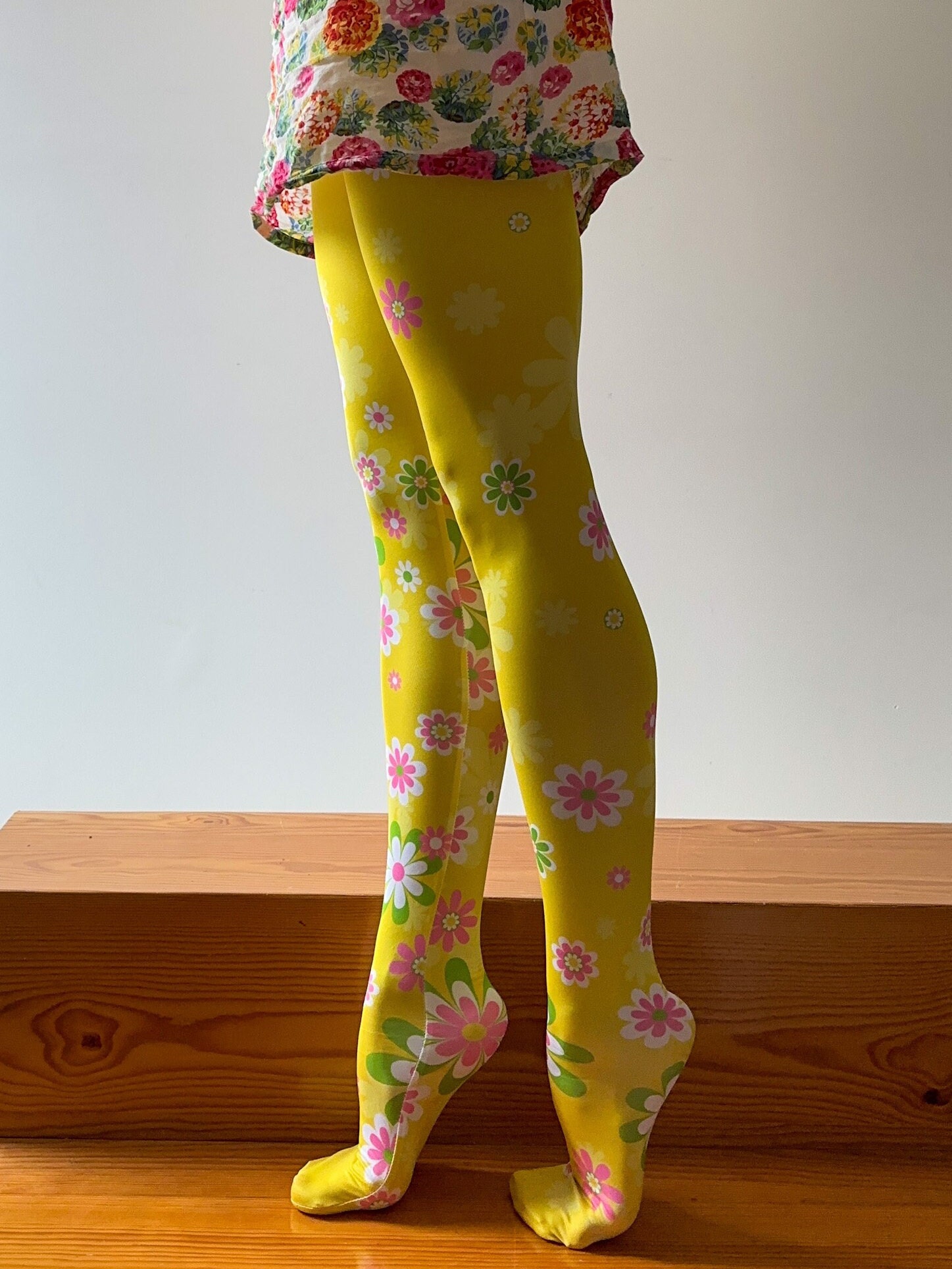 Yellow Sunny Fields Asymmetrical Retro Mod Tights 1960s-1970s Hippie Vintage-inspired  Printed Footed Tights Retro Accessories XS-5X 