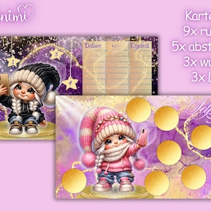 Könnte beinhalten: Ein lila-goldenes Spielbrett mit einem Mädchen, das einen rosa Hut trägt, und einem Mädchen, das einen schwarzen Hut trägt. Das Brett hat 9 goldene Kreise und den Text "Selfie Sophie". Der Text "Karte mit: 9x rubbeln 5x abstreichen 3x würfeln 3x Lose" befindet sich in der oberen rechten Ecke.