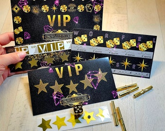 VIP Casino savings game, scratch, cards, stickers, tickets, VIP band, budget