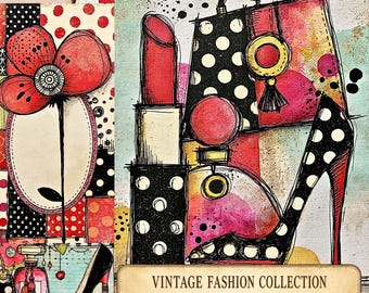 Digitalt papper för vintagemode | Skräpjournalpapper | Utskrivbara efemera | Modekollage | Vintagekosmetika | 75 JPG-ark