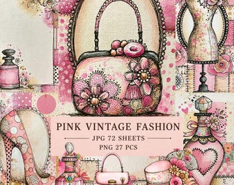 Digital nedladdning av rosa vintagemode | Skräpjournalkit | Vintagehandväskor, höga klackar, parfymflaskor | 72 JPG och 27 PNG