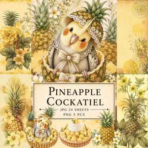 Nymphensittich-Junk-Journal-Set, Ananas-Druckpapier, Vintage-Vogel-Ephemera, tropische Journal-Seiten, PNG-Cliparts, digitaler Download
