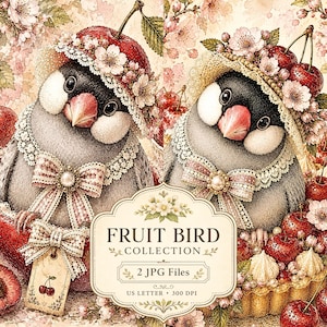 Puede incluir: Una ilustración digital que muestra dos pájaros con sombreros de cerezas y cuellos de encaje con perlas. La escena incluye cerezas, flores de cerezo y una etiqueta decorativa con el texto FRUIT BIRD COLLECTION 2 JPG Files US LETTER 300 DPI.