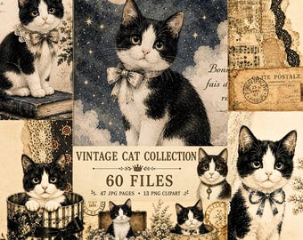 Kit per diario vintage a tema gatti | Materiale effimero per gatti in bianco e nero | Pagine di diario stampabili | Carta per collage shabby chic | Clipart PNG | Download digitale