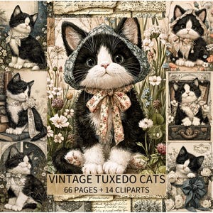 Vintage Tuxedo Cat Digital Paper | Junk Journal Kit | Digital Download | Black and White Kitten Printable