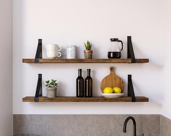 Rustic Wooden Shelf with Brackets 20 x 4 cm | Solid Wall Shelf with Black Metal Brackets | Sturdy Wooden Bookshelf | Reclaimed Old Wood