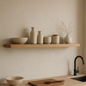 Peut inclure: Intérieur de cuisine minimaliste avec une étagère en bois ornée de bols, vases et un pot en céramique beige. Une planche à découper et une cuillère en bois sont posées sur le comptoir. Robinet et poignées noirs.