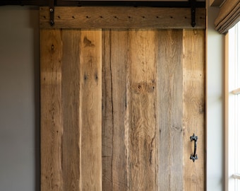 Pode incluir: Uma porta de correr de celeiro de madeira rústica com uma pega e um trilho de metal preto. A porta é feita de madeira recuperada com um acabamento natural.
