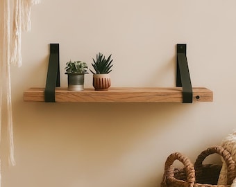 Rustic Wooden Shelf with Metal Brackets | Handcrafted Reclaimed Oak Wall Shelf | Floating Wood Shelf for Kitchen, Bathroom & Living Room