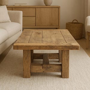 Può includere: Un tavolino rettangolare in legno marrone chiaro con piano a doghe e base robusta. Il tavolo è il punto focale di un soggiorno dai toni neutri, completato da un tappeto beige, un divano e un mobile in legno. La stanza ha un'estetica minimalista.