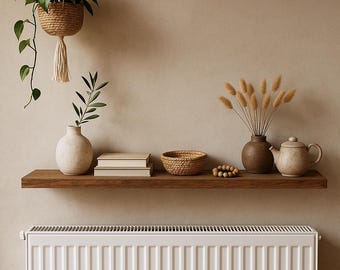 Reclaimed Oak Radiator Shelf – 25 cm Deep Floating Shelf Above Radiator – Rustic Wooden Wall Shelf – Hidden Brackets – Custom Oak Shelf