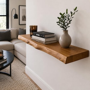 Op de afbeelding: Een zwevende houten wandplank met een natuurlijke rand aan een witte muur. Op de plank staat een stapel van drie boeken, waaronder een met de titel Chanel, een donkerglazen kaarsenhouder met een brandende kaars en een lichte keramische vaas.