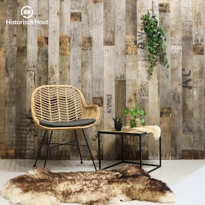 May include: A rustic interior scene featuring a woven chair with a gray cushion, a small square table, and a sheepskin rug. The backdrop is a wooden wall. The scene includes a small potted plant and hanging greenery.