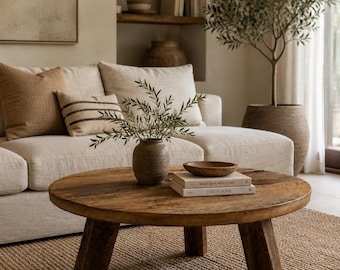 Round Rustic Coffee Table in Reclaimed Oak Handmade Wood Coffee Table Sustainable Furniture with Unique Design Recycled Wood