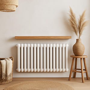 Op de afbeelding: Een witte, verticale radiator staat centraal in deze interieuropname. Boven de radiator is een houten plank bevestigd. Een rieten mand met een deken, een rond tapijt, een vaas met gedroogde planten en een kleine houten kruk maken het minimalistische decor in neutrale tinten compleet.