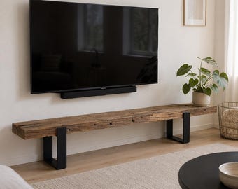 Rustic Oak Beam TV Stand – Handmade Reclaimed Wood Console Table with Steel Frame – Sustainable Solid Wood TV Furniture Bench