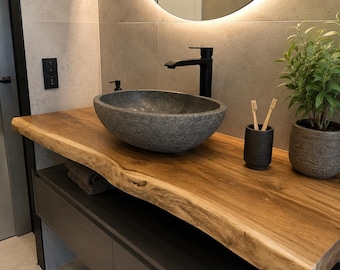 Solid Oak Bathroom Vanity Top | Live Edge Oak Sink Shelf, Wooden Washbasin Countertop | Oak Vanity Shelf | Rustic Bathroom Vanity