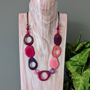 Pink & Purple Tagua Nut Statement Necklace - 'Floreana', Pink Necklace, Cancer Awareness necklace, natural seed beads, Non-metal.
