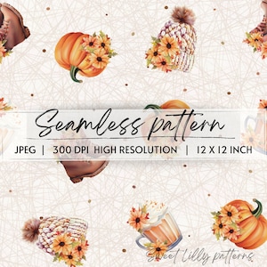 Fall floral seamless pattern| Autumn seamless Repeat pattern|Pumpkin latte drink floral Seamless pattern for fabric wallpaper gift paper