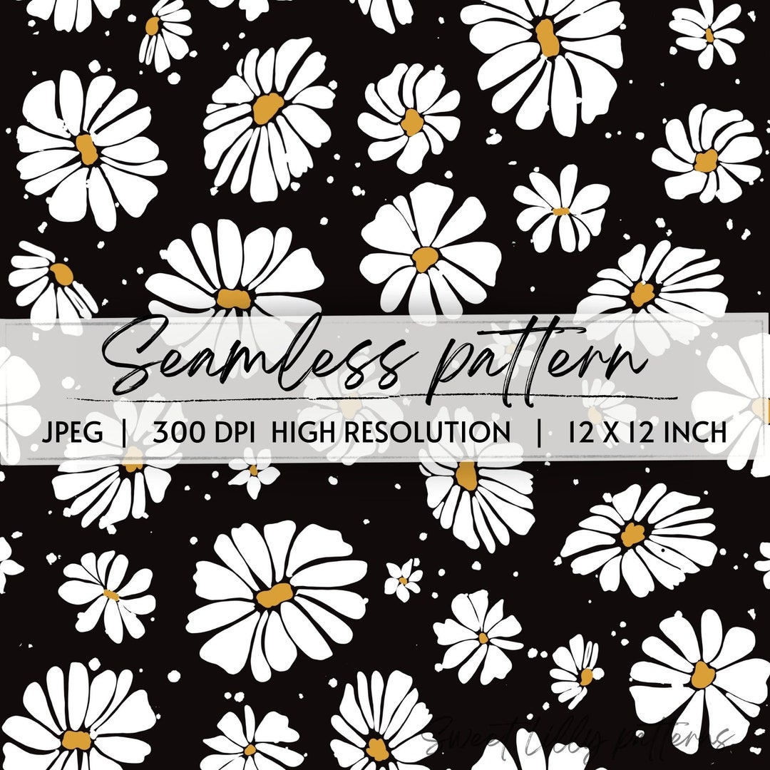 White Daisies With Black Background Seamless Pattern Floral Repeat ...
