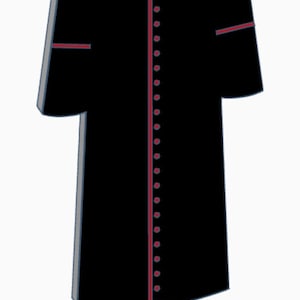 May include: A black robe with a mandarin collar and red accents. The robe features a row of red buttons down the front and red trim on the sleeves. The garment appears to be a formal wear item.